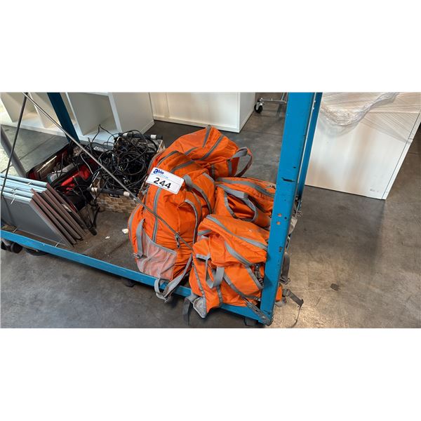 MIXED ITEMS INCL 4 ZOMAKE LIGHTWEIGHT PACKABLE BACKPACKS W/ FIRST AID CONTENTS POWER ADAPTERS AND
