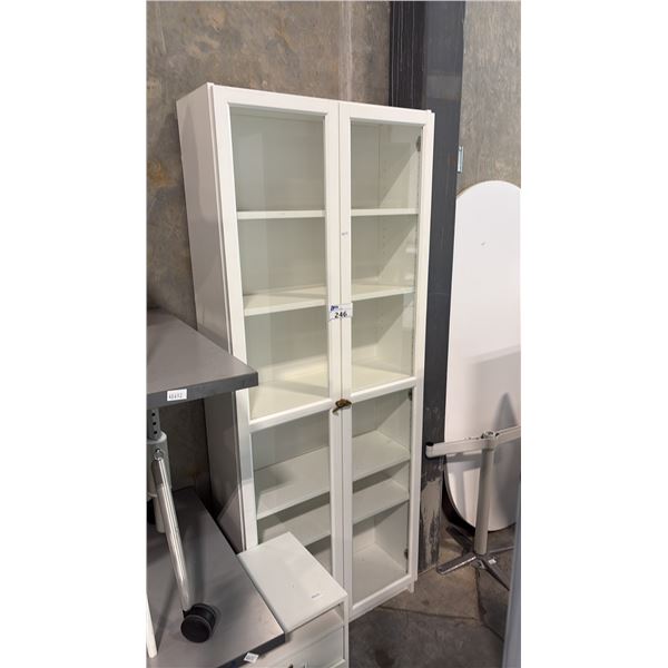 WHITE BOOKCASE WITH GLASS DOORS AND ADJUSTABLE INTERIOR SHELVING 31.5" X 11. SECONDARY BOOKCASE
