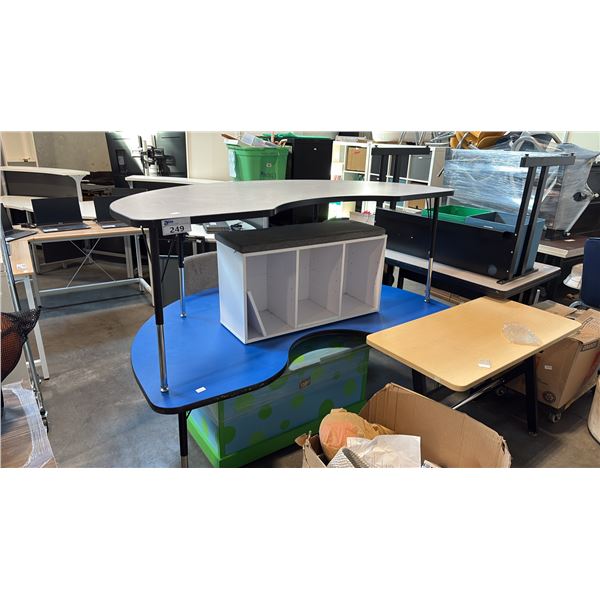 GREY AND BLUE CURVED HEIGHT-ADJUSTABLE WORKSTATION DESKS TUBULAR METAL LEGS, TOP CUSHION SHELVE AND