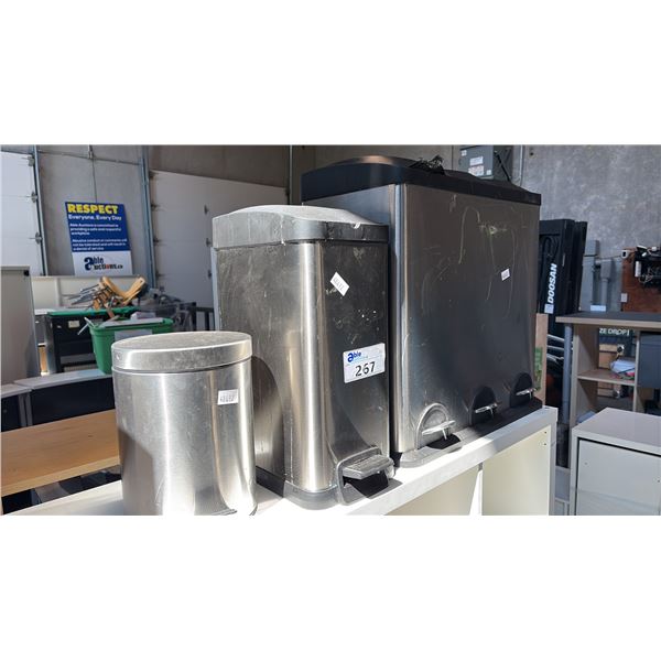 ASSORTED WASTE RECEPTACLES INCL 3-COMPARTMENT STAINLESS STEEL TRASH AND RECYCLING BIN