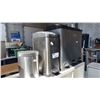 Image 1 : ASSORTED WASTE RECEPTACLES INCL 3-COMPARTMENT STAINLESS STEEL TRASH AND RECYCLING BIN