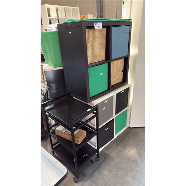 MULTI-UNIT MODULAR CUBE SHELVING ASSORTMENT WITH MIXED SOFT BINS, WOVEN BASKETS AND 3-TIER METAL