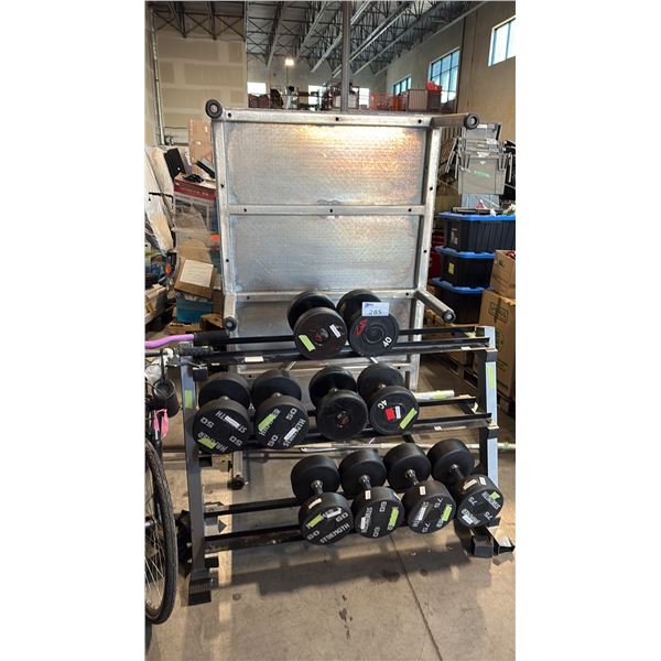 FITNESS EQUIPMENT LOT INCL DUMBBELL RACK W/ ASSORTED DUMBBELLS, OLYMPIC BAR, OLYMPIC HEX TRAP BAR &
