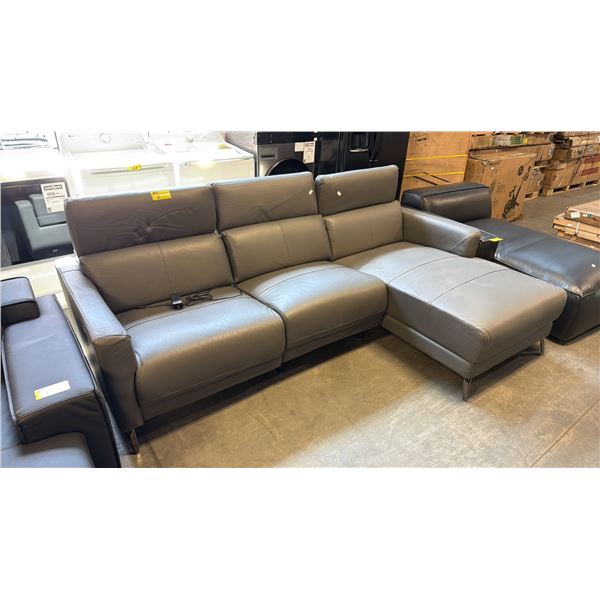 MODERN POWER RECLINING SECTIONAL SOFA UPHOLSTERED IN GREY LEATHER, "L" SHAPED, ADJUSTABLE HEADRESTS