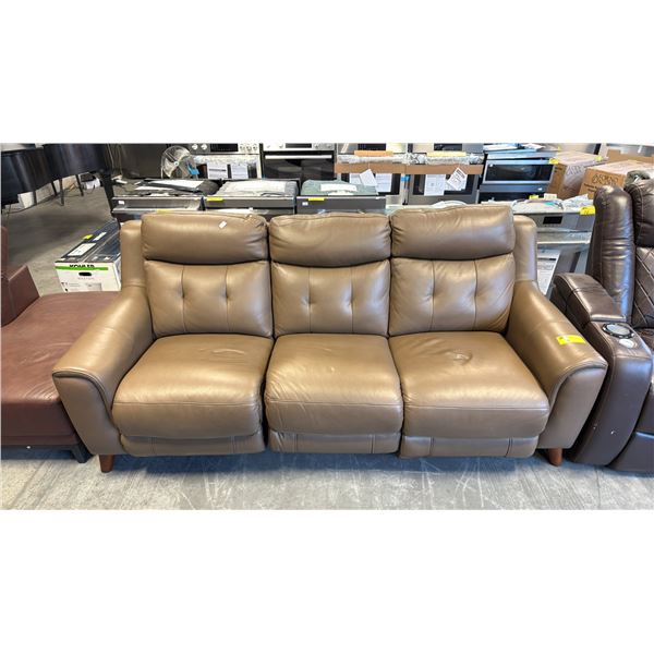 CONTEMPORARY THREE-SEATER POWER RECLINING LEATHER COUCH, LIGHT OLIVE-BROWN