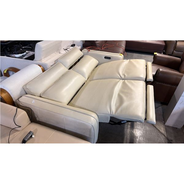 MODERN 3-SEATER POWER RECLINING CREAM LEATHER SOFA, TELESCOPIC HEADRESTS, CONTROL PANELS