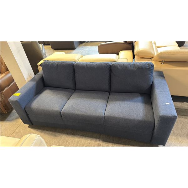 CONTEMPORARY LOW-PROFILE 3 SEATER SOFA IN DARK SLATE BLUE FABRIC APPROX DIMENSIONS W:81" D:37" H:30"