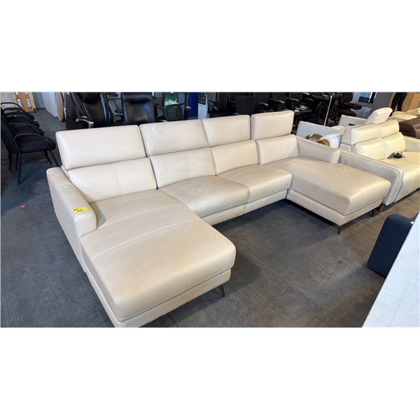 MODERN SECTIONAL OFF-WHITE LEATHER SOFA WITH CHAISE ON BOTH SIDES, ADJUSTABLE HEADREST