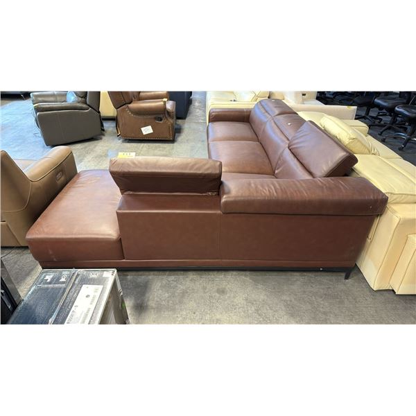 LARGE MODERN "L" SHAPED SECTIONAL SOFA UPHOLSTERED IN DARK BROWN LEATHER, ADJUSTABLE HEADREST