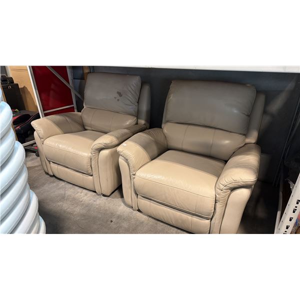 SET OF 2 MATCHING BEIGE LEATHER POWER RECLINING ARMCHAIRS, NO POWER CORD, COSMETIC DAMAGES