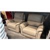 Image 1 : SET OF 2 MATCHING BEIGE LEATHER POWER RECLINING ARMCHAIRS, NO POWER CORD, COSMETIC DAMAGES