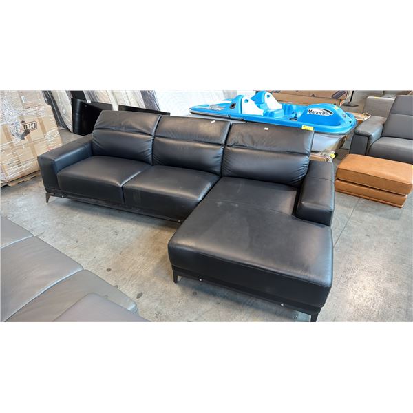 CONTEMPORARY "L" SHAPED SECTIONAL BLACK LEATHER SOFA WITH ADJUSTABLE HEADREST AND LEFT ARM CHAISE