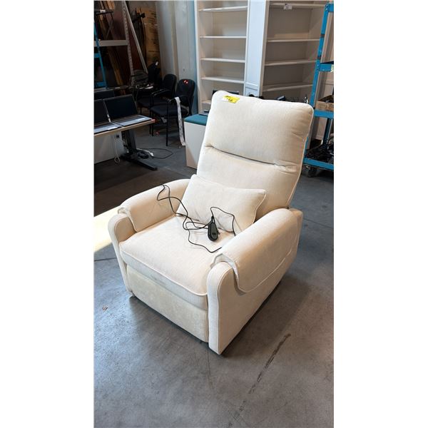 OFF-WHITE WOVEN FABRIC POWER RECLINER WITH MASSAGE FUNCTION WITH MATCHING PILLOW, WEAR AND TEAR