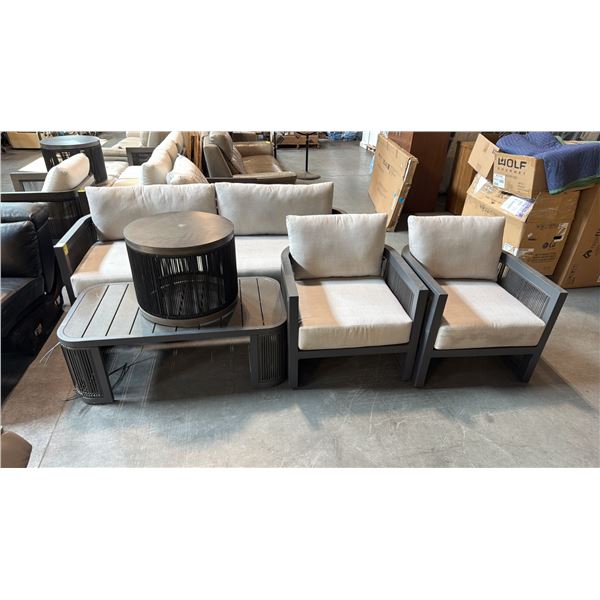 5 PIECE PATIO SET, INCLUDES 2 SEATER COUCH, 2 ARMCHAIRS, A RECTANGLE COFFEE TABLE AND A ROUND TABLE
