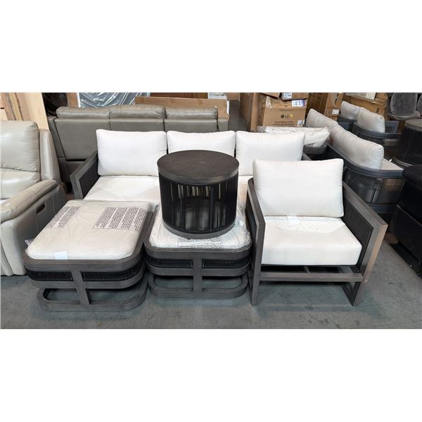SUNBRELLA 8 PIECE PATIO SET, INCLUDING 3 SEATER , 2 ARMCHAIRS, 2 LOW SEATS AND A ROUND COFFEE TABLE