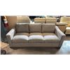 Image 1 : CONTEMPORARY PLUSH SEAT 3 SEATER SOFA UPHOLSTERED IN TEXTURED LIGHT GREY FABRIC WITH WOODEN TRIM