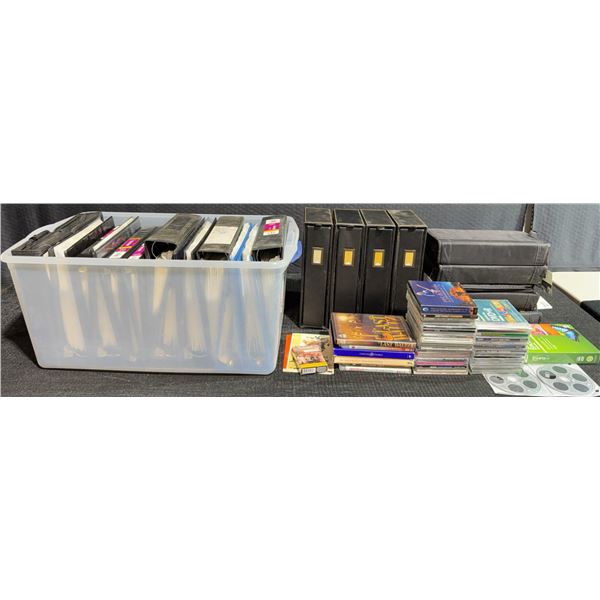 Large Assorted Lot of CD, DVD, VHS Media, Binders, and Storage Cases