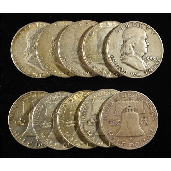 (10) 90% SILVER FRANKLIN HALF DOLLARS