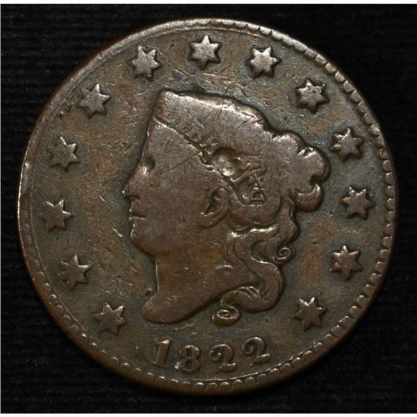 1822 CORONET HEAD LARGE CENT FINE