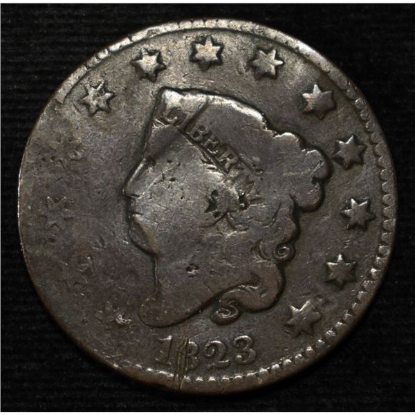 1823 CORONET HEAD LARGE CENT FINE DAMAGED