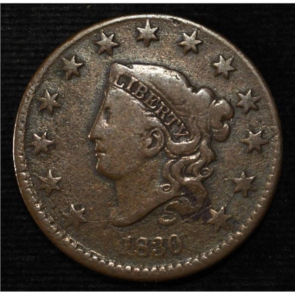 1830 CORONET HEAD LARGE CENT F/VF