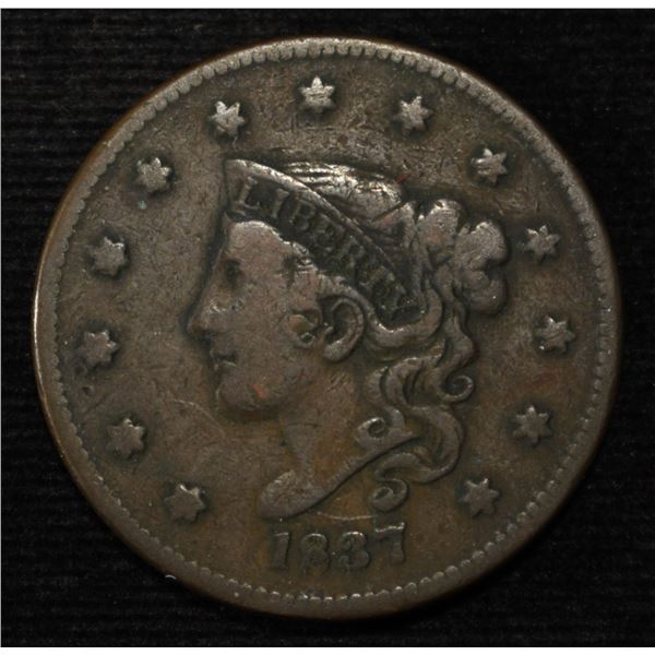 1837 CORONET HEAD LARGE CENT VF
