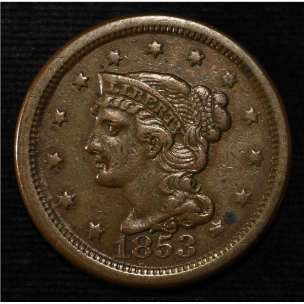 1853 BRAIDED HAIR LARGE CENT XF/AU