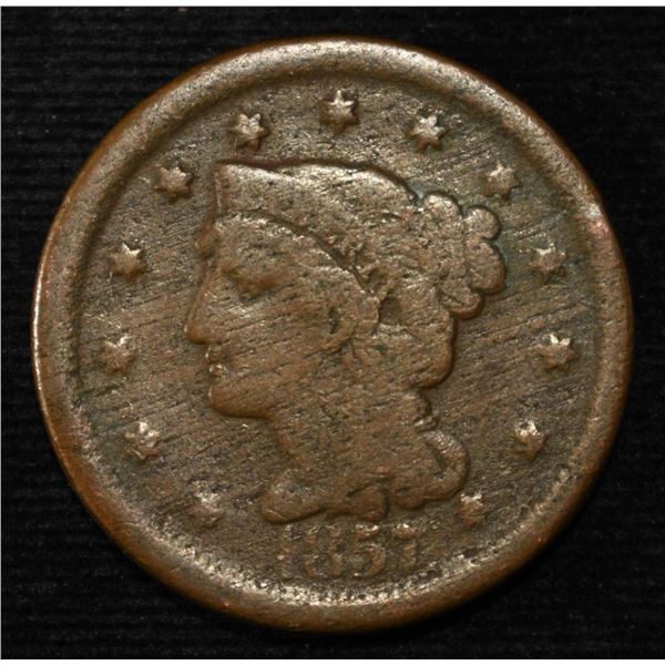 1857 LD BRAIDED HAIR LARGE CENT VG