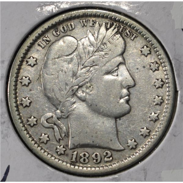 1892 BARBER QUARTER XF/AU