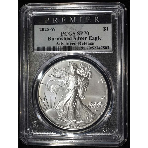 2025-W AMERICAN SILVER EAGLE PCGS SP70 BURN. AR