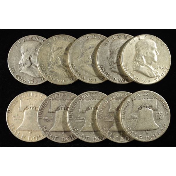 (10) 90% SILVER FRANKLIN HALF DOLLARS