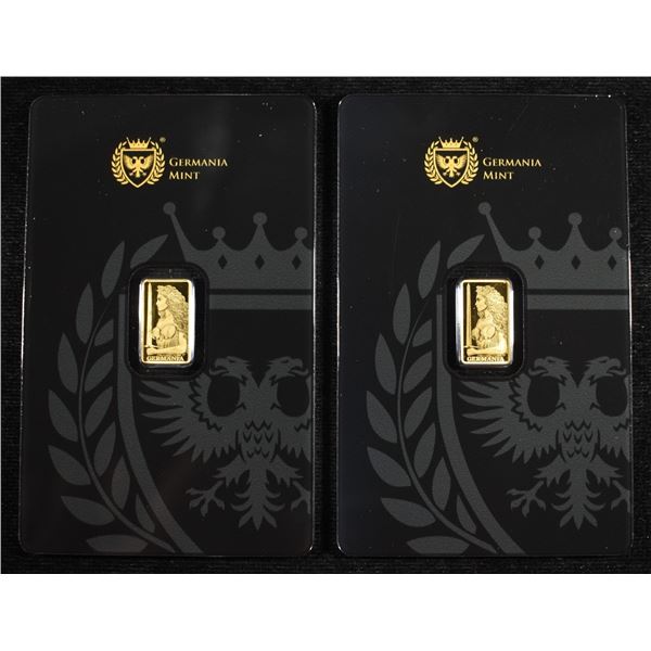 (2) GERMANIA MINT 1/200TH .9999 GOLD BARS PROOF