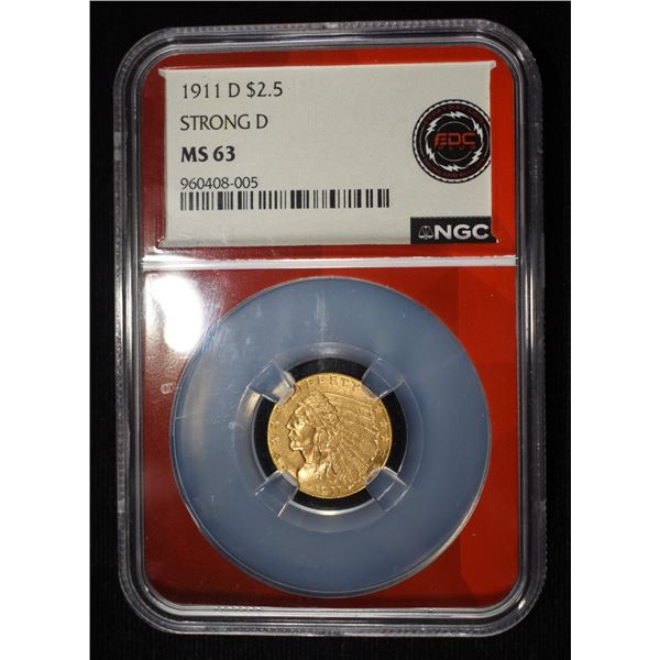 1911-D STRONG D $2.5 GOLD INDIAN NGC MS-63