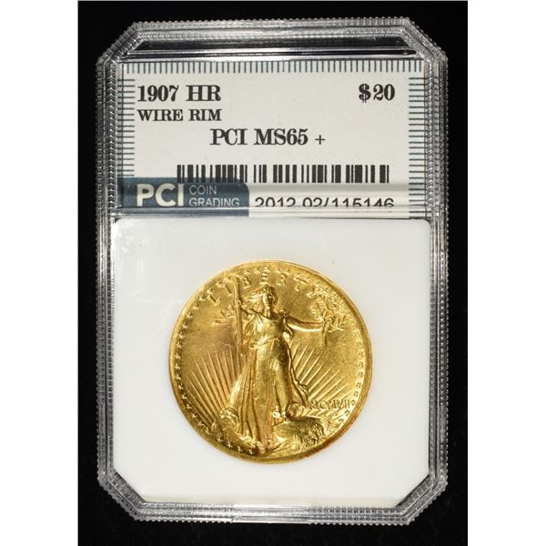 1907 $20 SAINT GAUDENS HR WIRE RIM PCI GEM BU