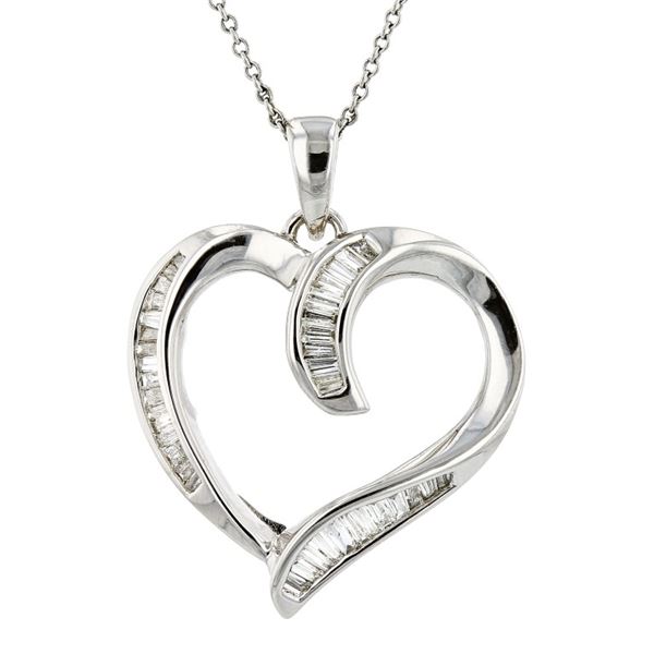 14K White Gold 0.85ctw Diamond Baguette Heart Pend