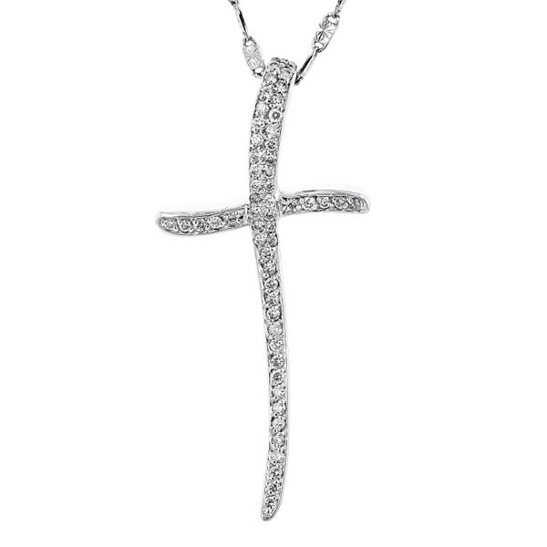 14K White Gold 0.70ctw Diamond Wavy Cross Pendant