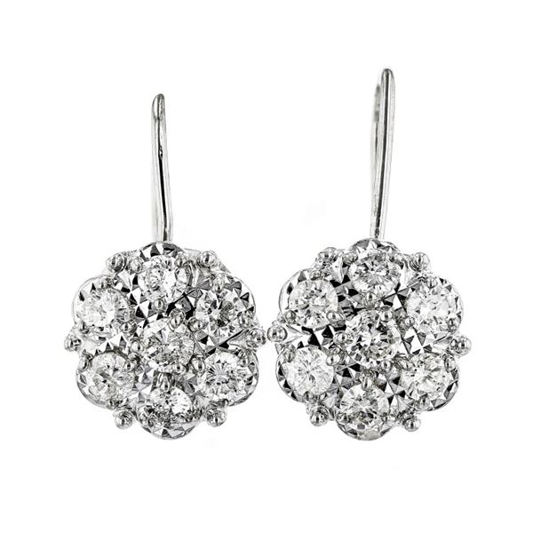 14K White Gold 1.00ctw Diamond Cluster Earrings