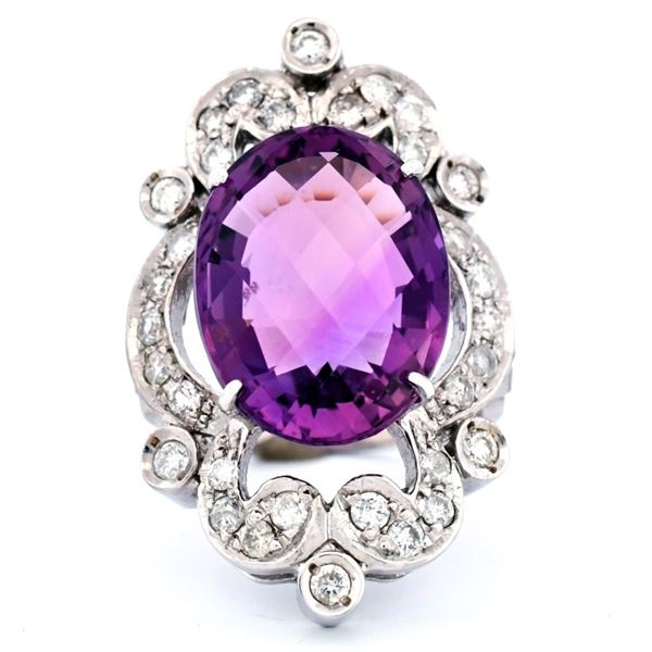 14K White Gold 9.50ct Amethyst 1.10ct Diamond Ring
