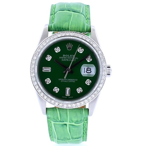 Rolex DateJust SS Green 1.50ct Diam 36 Leather Wat