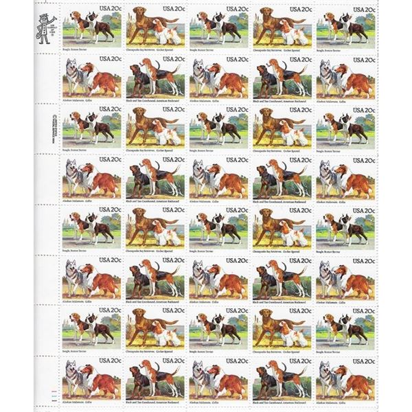 Classic Dog Breeds stamp sheet forty 20 cent stamps