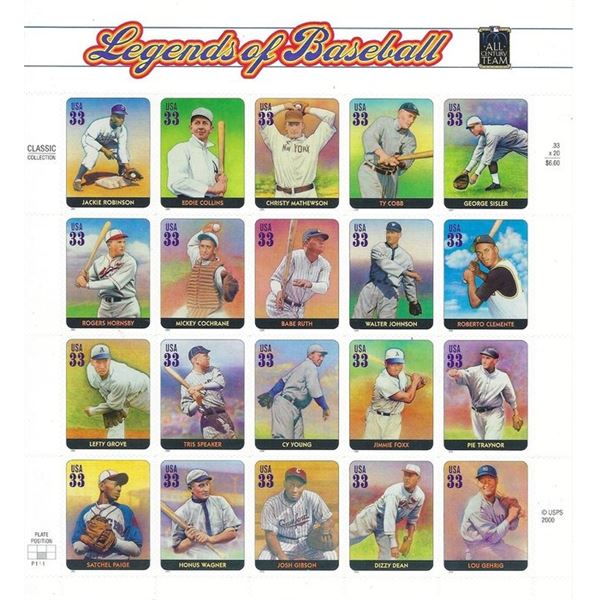 Legends of Baseball stamp sheet 20 x 33 cent stamps