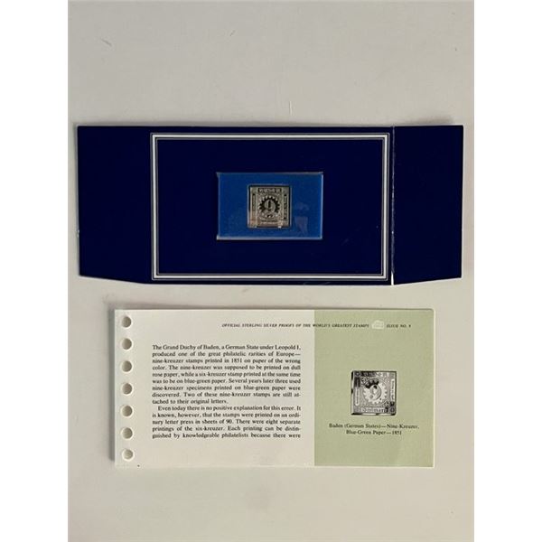 Franklin Mint Sterling Silver 1851 German Stamp Plaque Badge Worlds Greatest Stamps Issue NO 9