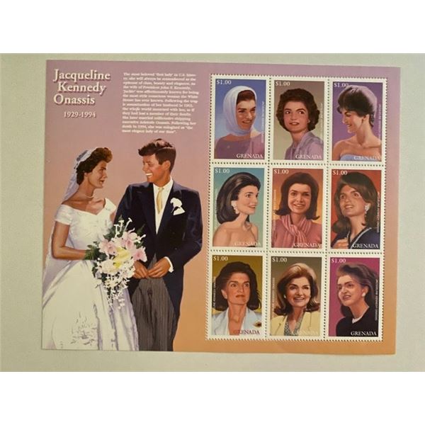 1996 Grenada postage stamp sheet honoring Jacqueline Kennedy Onassis