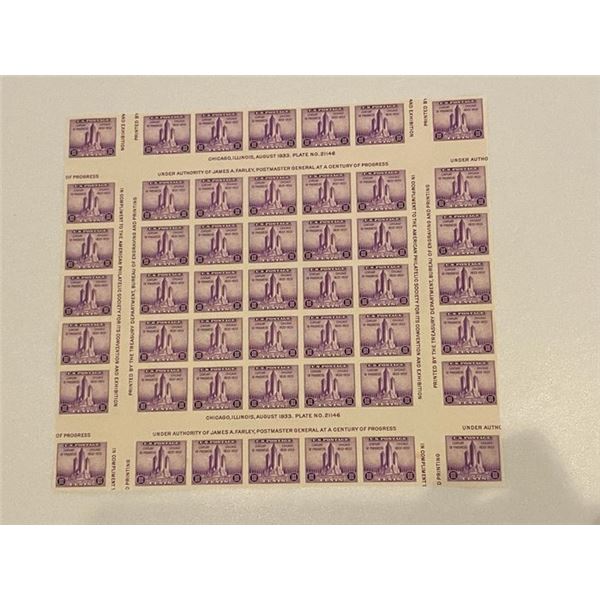 1933 sheet of U.S. Postage stamps featuring the Chicago Federal Building, often referred to as "Farl