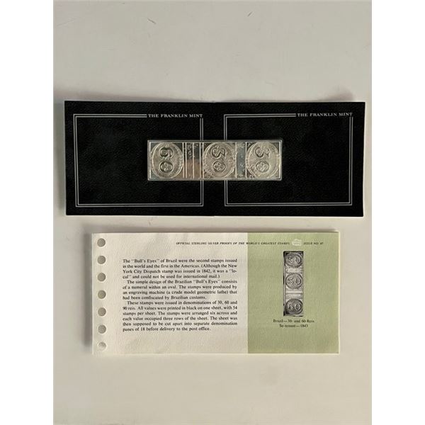 Franklin Mint Sterling Silver 1843 Brazil Stamp Plaque Badge Worlds Greatest Stamps Issue NO 47