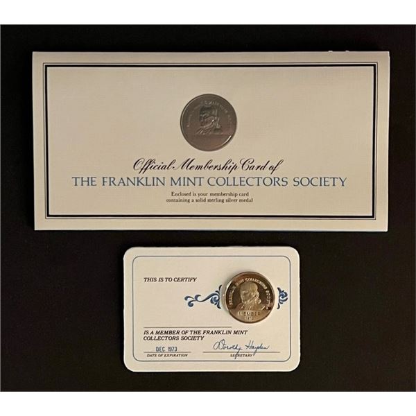 Franklin Mint Sterling Silver 1973 Official Membership Card and Sterling Silver Medal