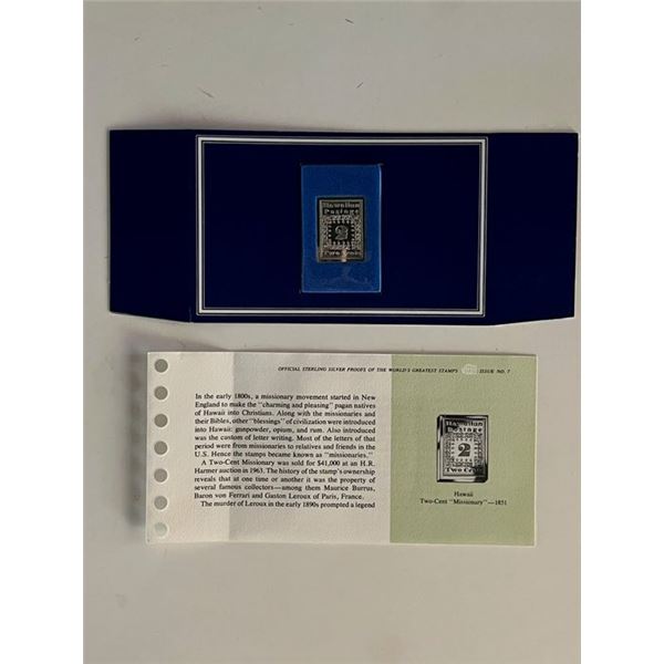 Franklin Mint Sterling Silver 1851 Hawaii Stamp Plaque Badge Worlds Greatest Stamps Issue NO 7