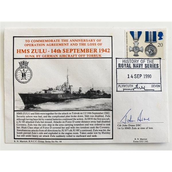 WWII HMS Zulu Cdr John Drane Signed Commemorative Cover - 1990