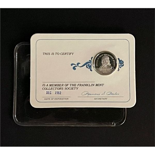 Franklin Mint Sterling Silver 1982 Official Membership Card and Sterling Silver Medal