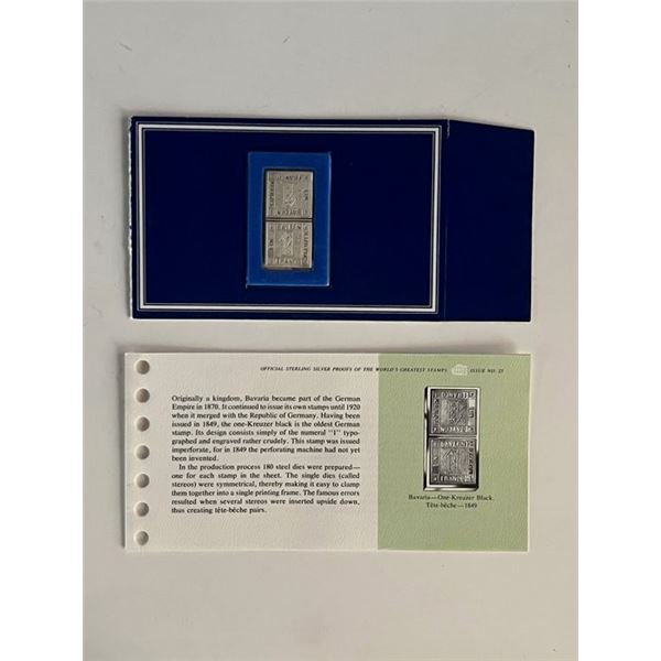 Franklin Mint Sterling Silver 1849 German Bavaria Stamp Plaque Badge Worlds Greatest Stamps Issue NO